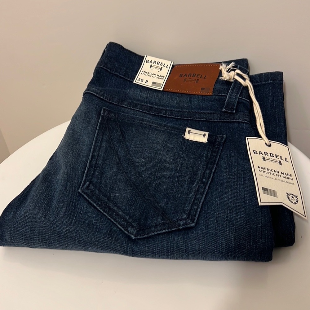NWT Barbell Apparel womens 30R bootcut jeans. Dark wash. Brand new.